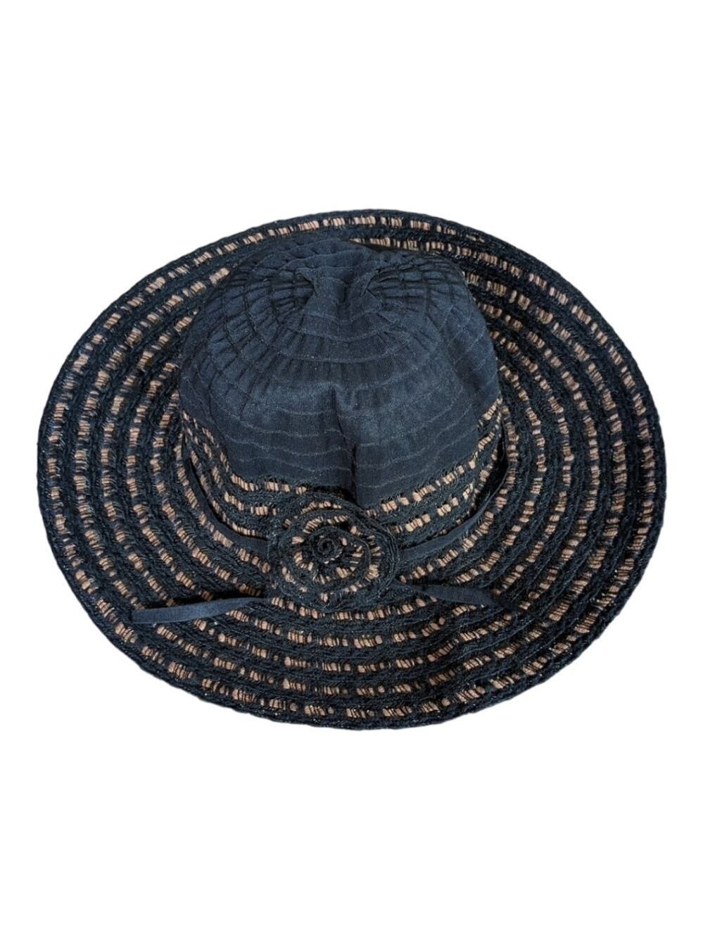 Sun 'N Sand Black Straw and Fabric Wide Brim Hat EUC Cruise Beach Vacation